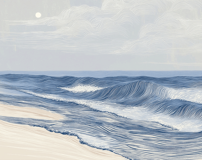 Coastal wall art print with soft tidal movement and flowing blue tones, modern ocean decor
