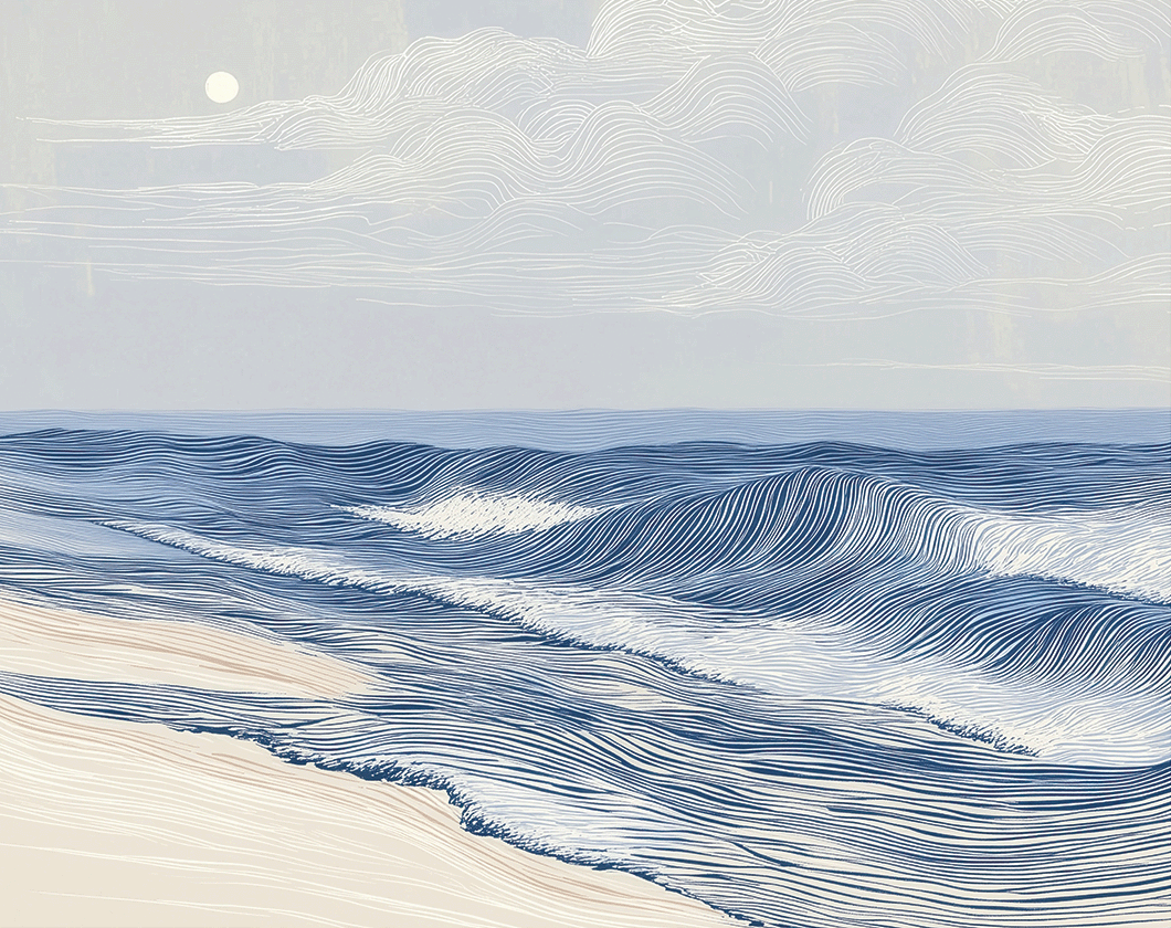 Coastal wall art print with soft tidal movement and flowing blue tones, modern ocean decor