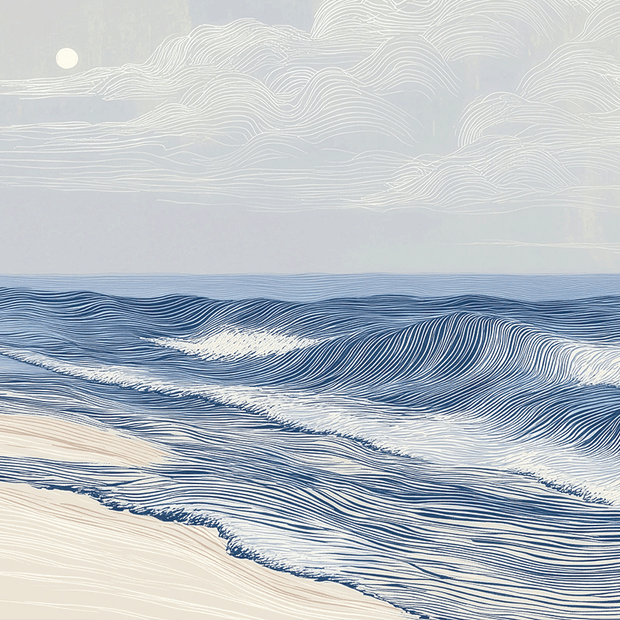 Coastal wall art print with soft tidal movement and flowing blue tones, modern ocean decor