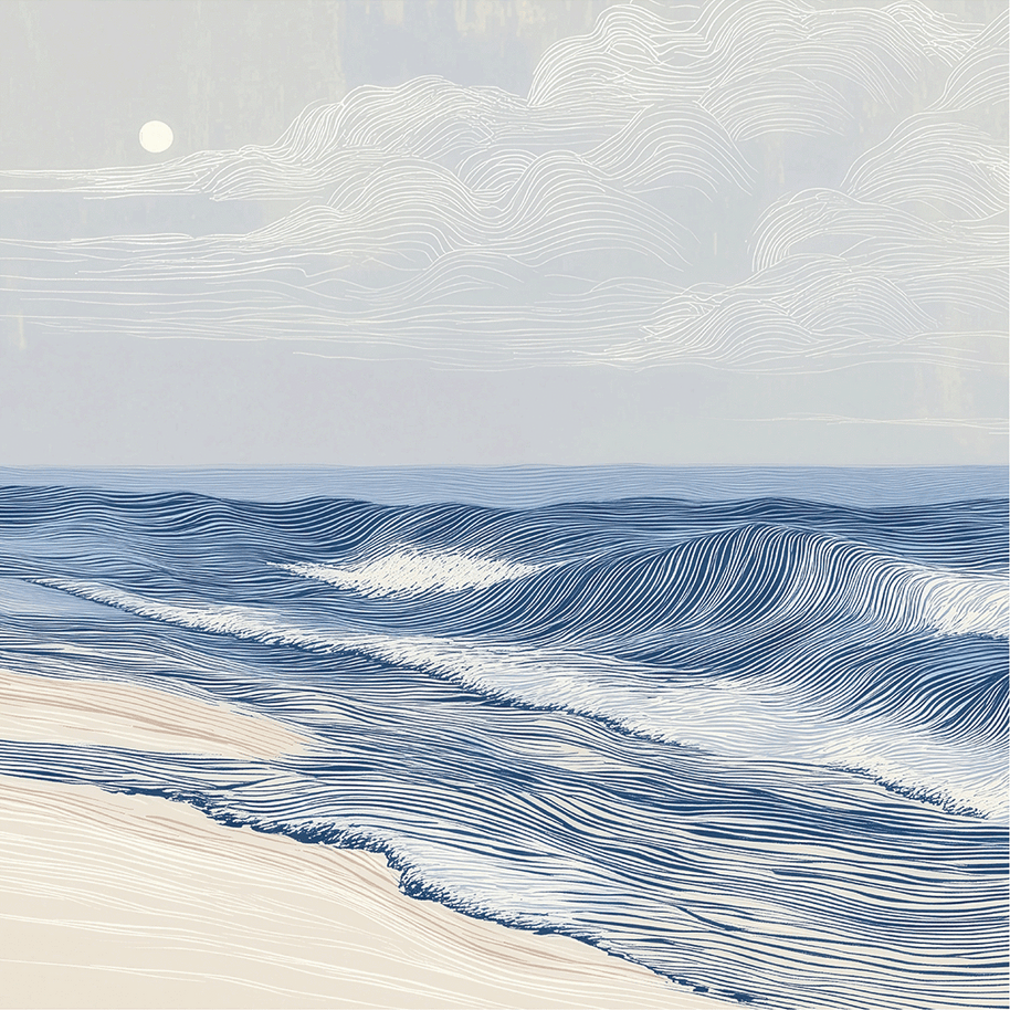Coastal wall art print with soft tidal movement and flowing blue tones, modern ocean decor