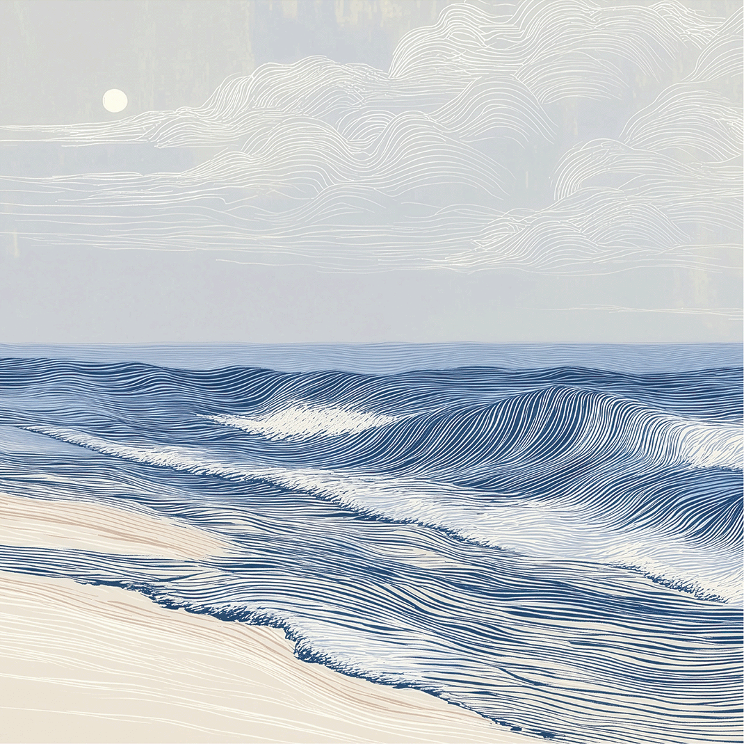 Coastal wall art print with soft tidal movement and flowing blue tones, modern ocean decor