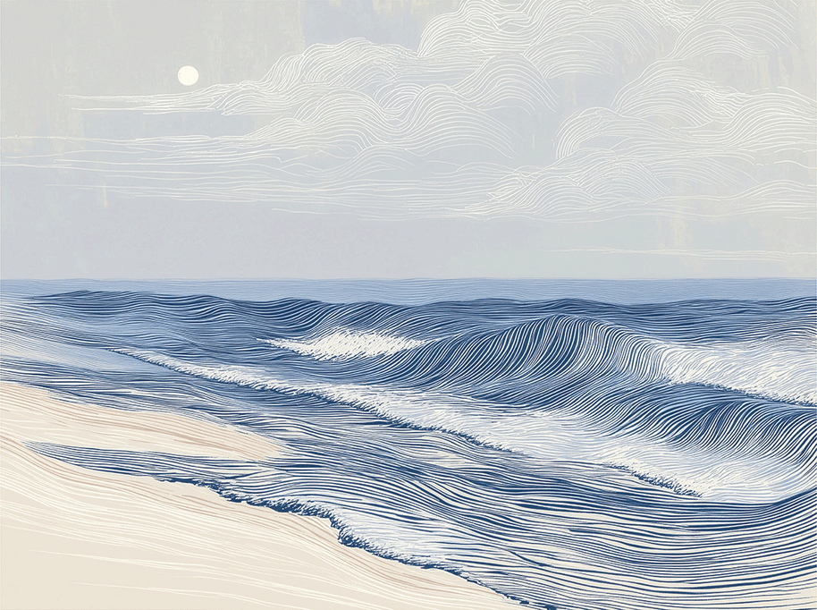 Coastal wall art print with soft tidal movement and flowing blue tones, modern ocean decor
