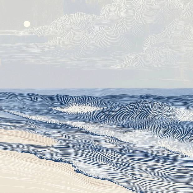 Coastal wall art print with soft tidal movement and flowing blue tones, modern ocean decor