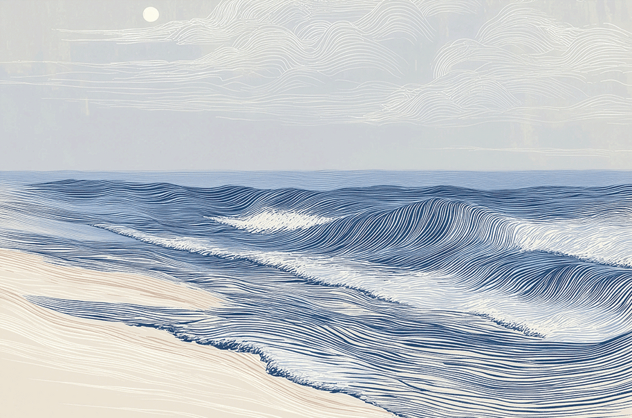 Coastal wall art print with soft tidal movement and flowing blue tones, modern ocean decor
