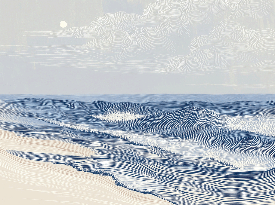 Coastal wall art print with soft tidal movement and flowing blue tones, modern ocean decor