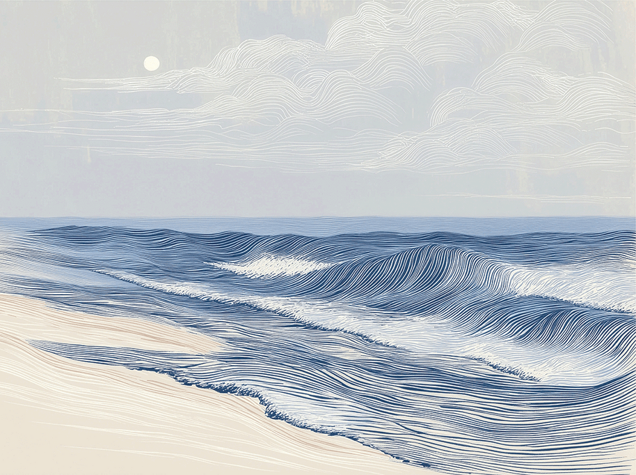 Coastal wall art print with soft tidal movement and flowing blue tones, modern ocean decor