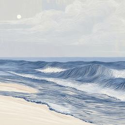 Coastal wall art print with soft tidal movement and flowing blue tones, modern ocean decor