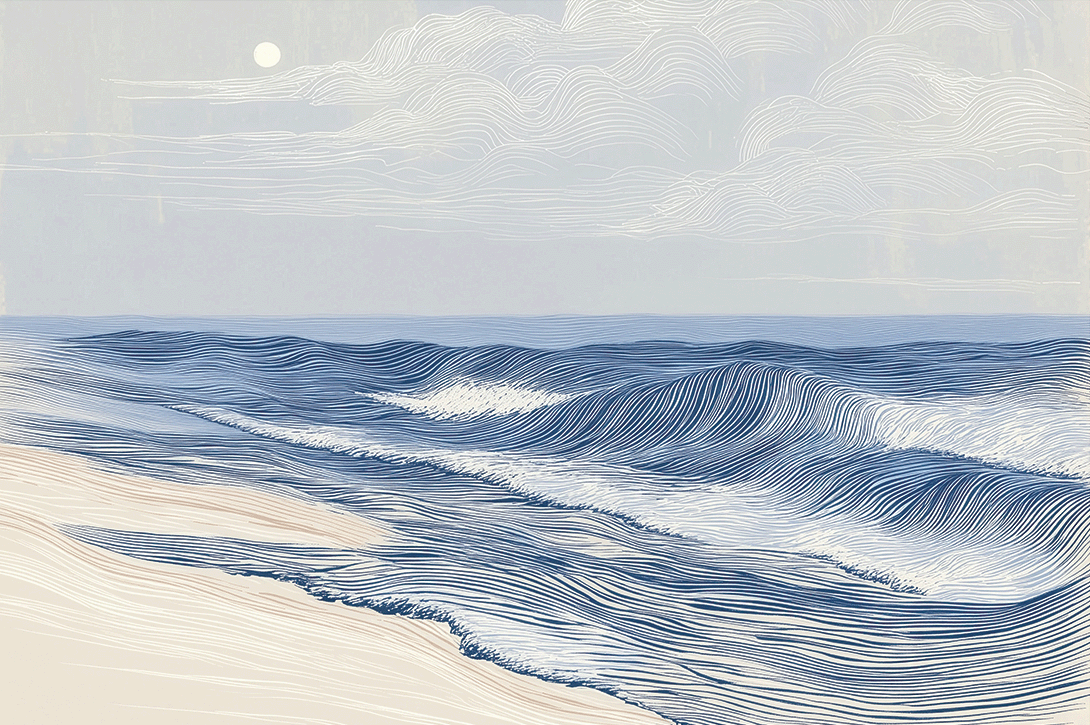 Coastal wall art print with soft tidal movement and flowing blue tones, modern ocean decor
