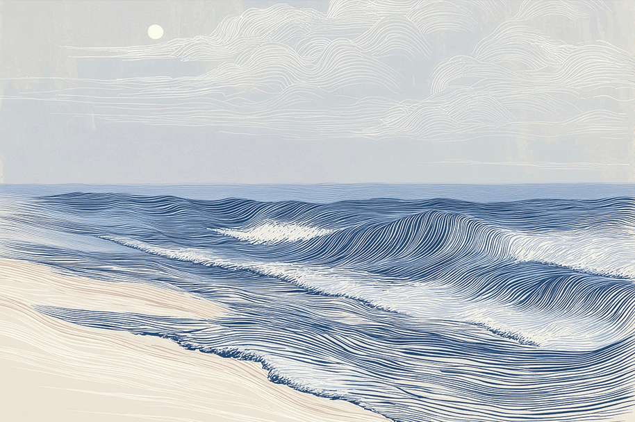 Coastal wall art print with soft tidal movement and flowing blue tones, modern ocean decor