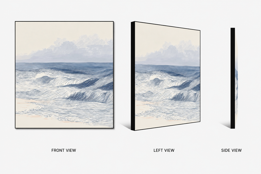 Distant Coast — waves toward a distant shore on swappable fabric wall art, shown in a 24x24 inch Framilie aluminum frame from front, angle and side