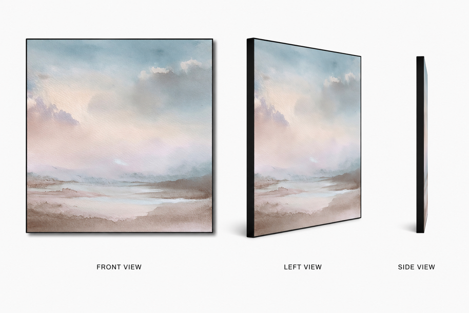 Distant Ridge — minimal distant ridge on swappable fabric wall art, shown in a 24x24 inch Framilie aluminum frame from front, angle and side