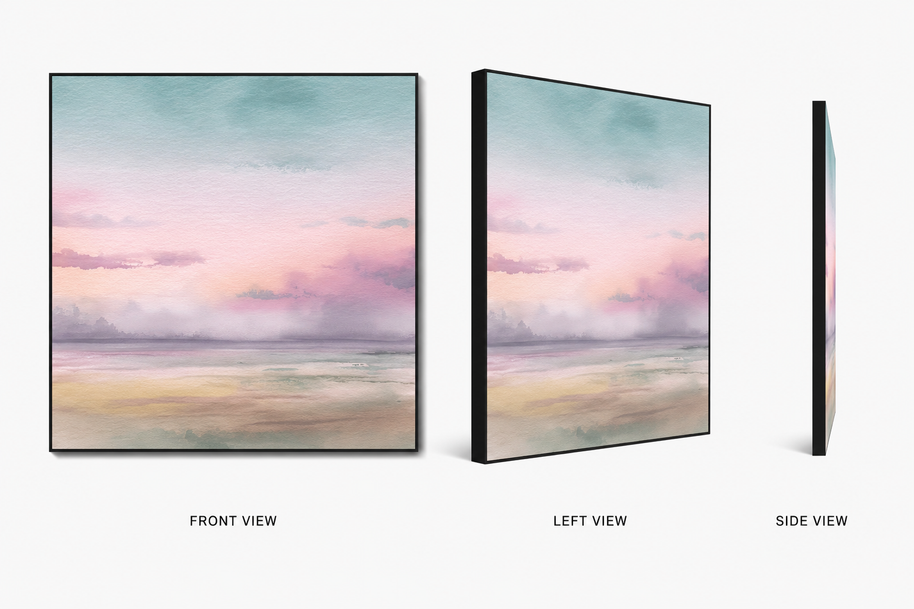 Drifted Mist — warm misty neutral layers on swappable fabric wall art, shown in a 24x24 inch Framilie aluminum frame from front, angle and side