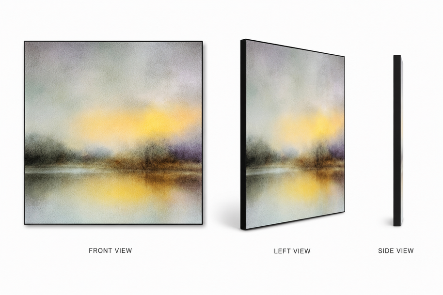 Echoing Light — warm luminous misty light on swappable fabric wall art, shown in a 24x24 inch Framilie aluminum frame from front, angle and side