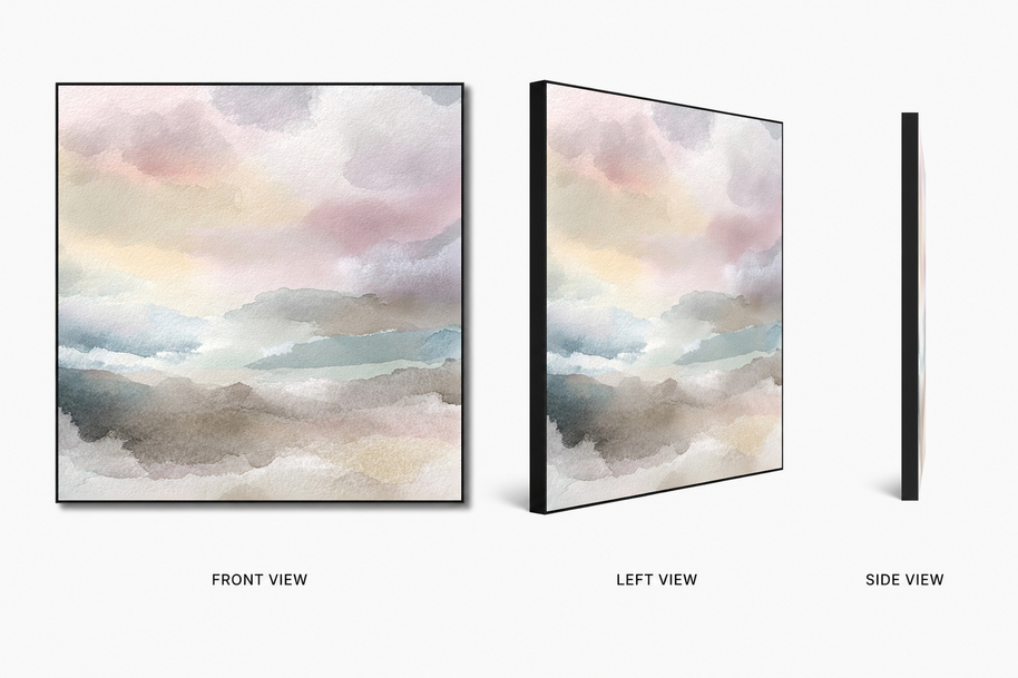 Fading Horizon — muted fading horizon on swappable fabric wall art, shown in a 24x24 inch Framilie aluminum frame from front, angle and side