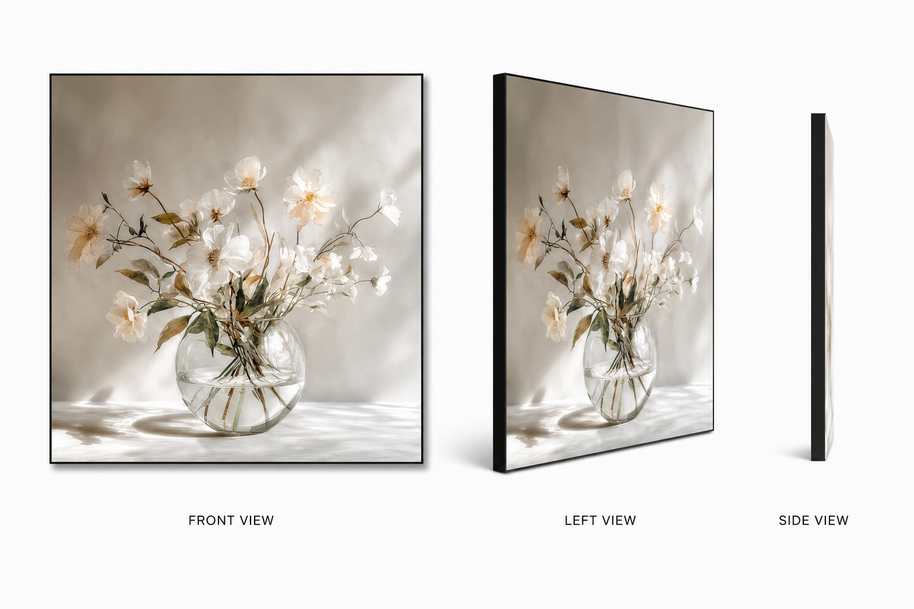 First Light — soft morning-light florals on swappable fabric wall art, shown in a 24x24 inch Framilie aluminum frame from front, angle and side