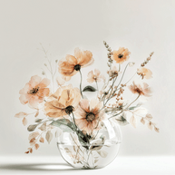 Warm floral wall art print with amber blossoms and soft light, cozy neutral decor for modern interiors