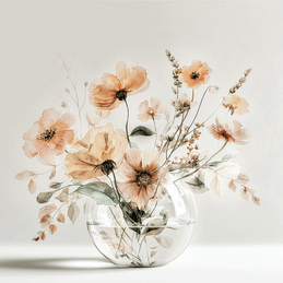 Warm floral wall art print with amber blossoms and soft light, cozy neutral decor for modern interiors