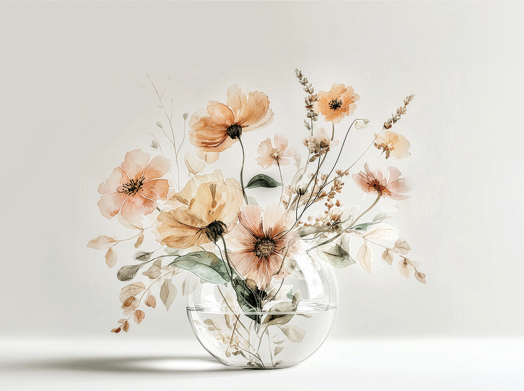 Warm floral wall art print with amber blossoms and soft light, cozy neutral decor for modern interiors