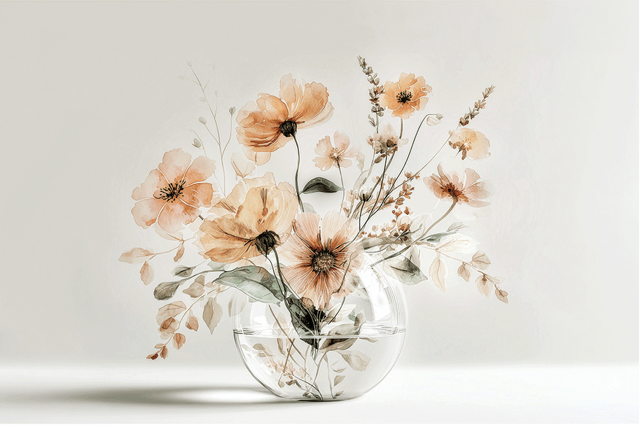 Warm floral wall art print with amber blossoms and soft light, cozy neutral decor for modern interiors
