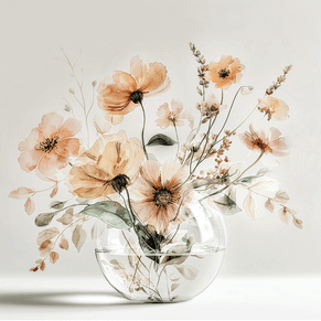 Warm floral wall art print with amber blossoms and soft light, cozy neutral decor for modern interiors