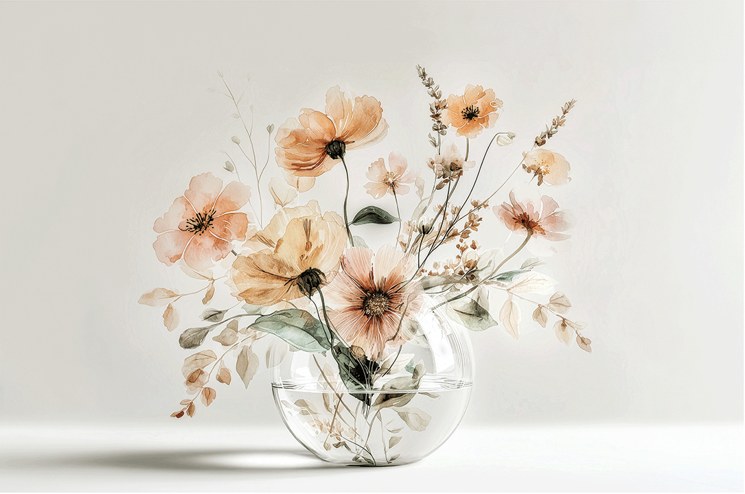 Warm floral wall art print with amber blossoms and soft light, cozy neutral decor for modern interiors