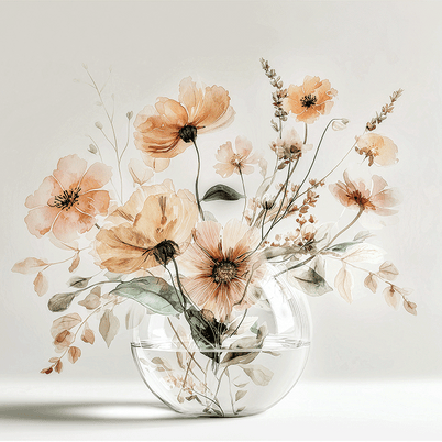 Warm floral wall art print with amber blossoms and soft light, cozy neutral decor for modern interiors