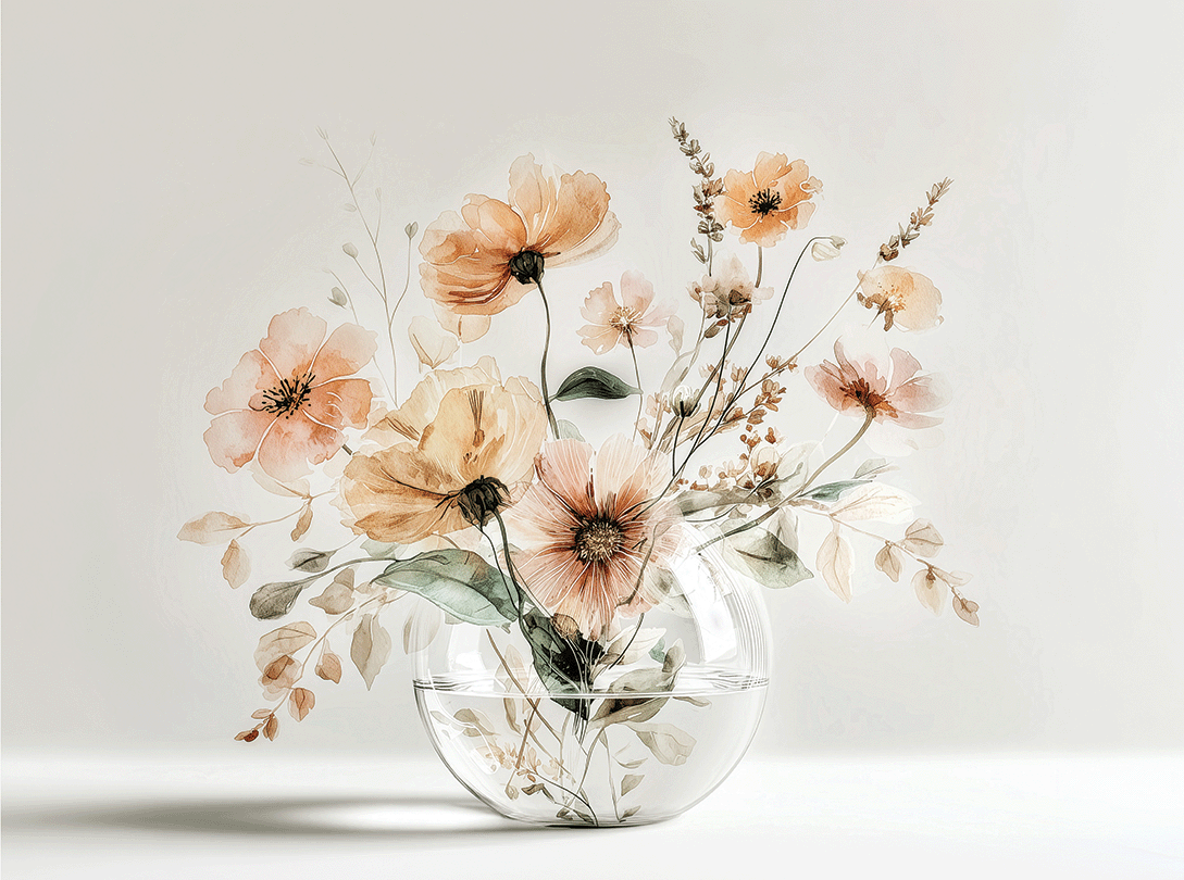 Warm floral wall art print with amber blossoms and soft light, cozy neutral decor for modern interiors
