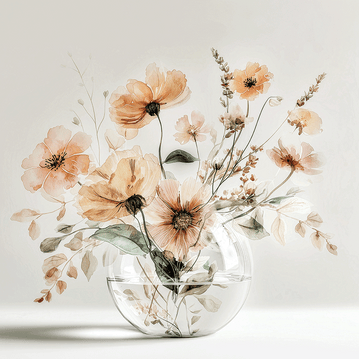 Warm floral wall art print with amber blossoms and soft light, cozy neutral decor for modern interiors
