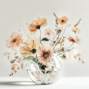 Warm floral wall art print with amber blossoms and soft light, cozy neutral decor for modern interiors