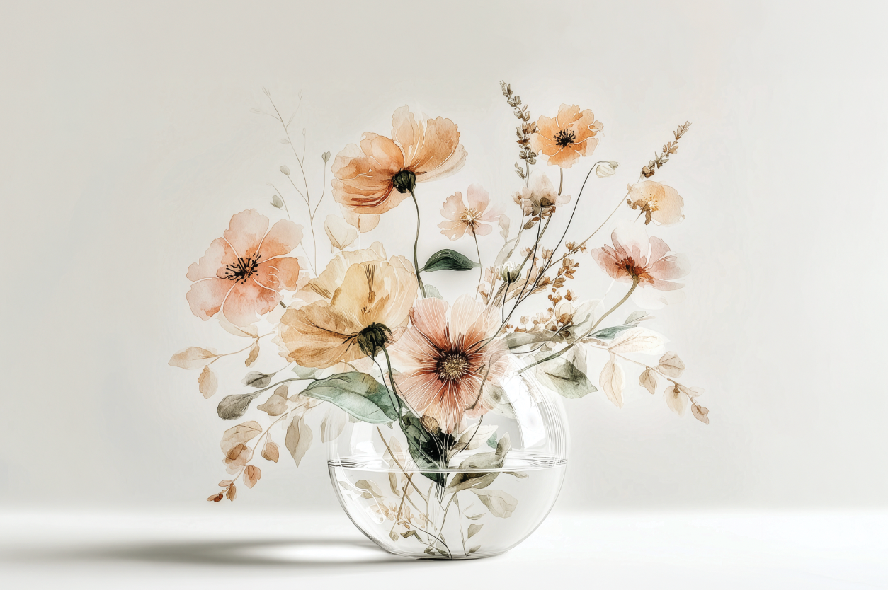 Warm floral wall art print with amber blossoms and soft light, cozy neutral decor for modern interiors