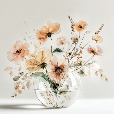 Warm floral wall art print with amber blossoms and soft light, cozy neutral decor for modern interiors