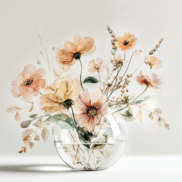 Warm floral wall art print with amber blossoms and soft light, cozy neutral decor for modern interiors