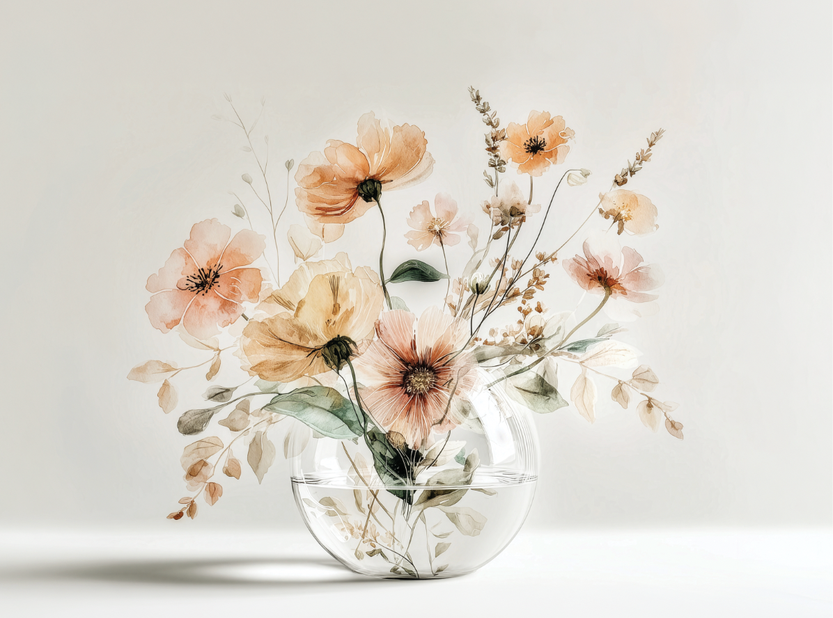 Warm floral wall art print with amber blossoms and soft light, cozy neutral decor for modern interiors