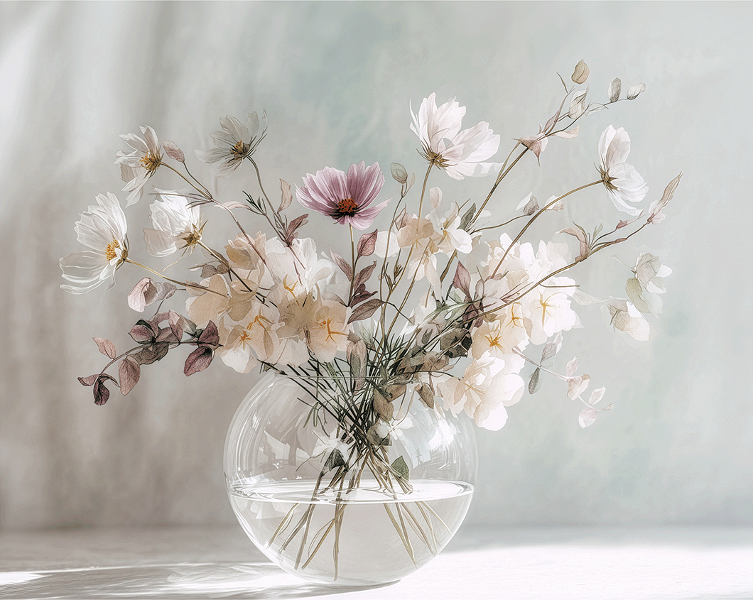 Blush tone floral wall art print with soft pink flowers and airy composition, modern feminine home decor
