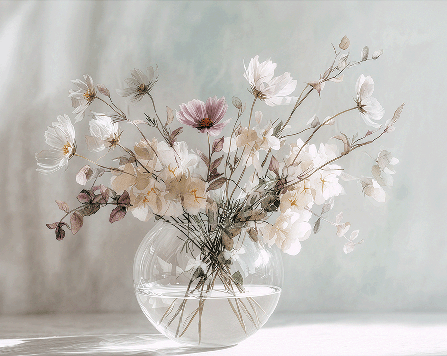 Blush tone floral wall art print with soft pink flowers and airy composition, modern feminine home decor