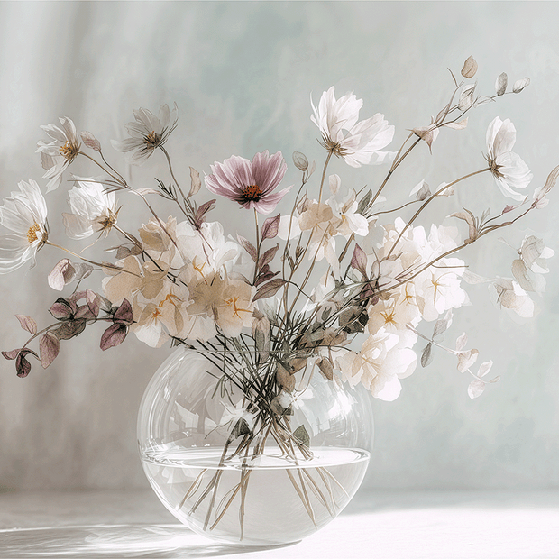 Blush tone floral wall art print with soft pink flowers and airy composition, modern feminine home decor