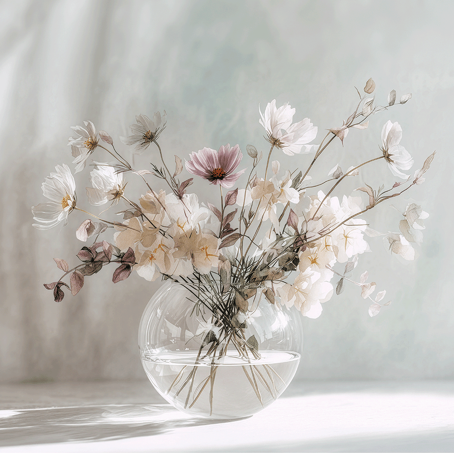 Blush tone floral wall art print with soft pink flowers and airy composition, modern feminine home decor