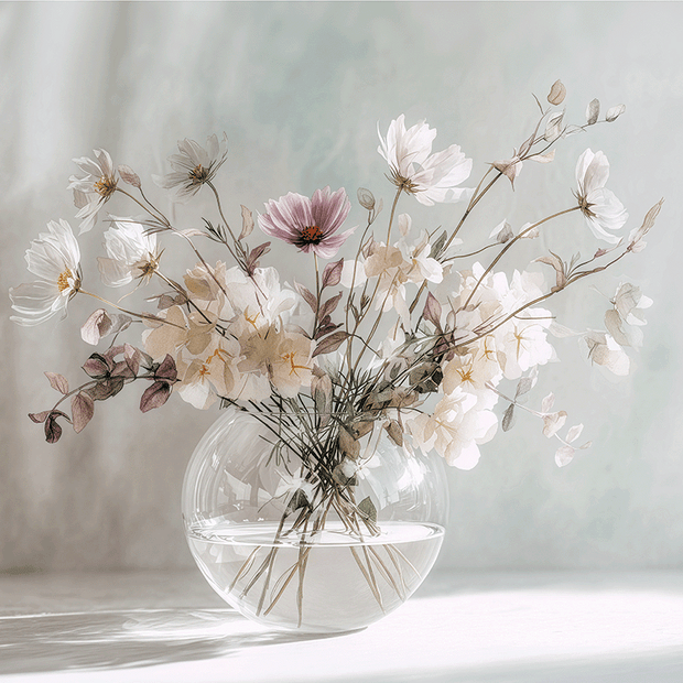 Blush tone floral wall art print with soft pink flowers and airy composition, modern feminine home decor