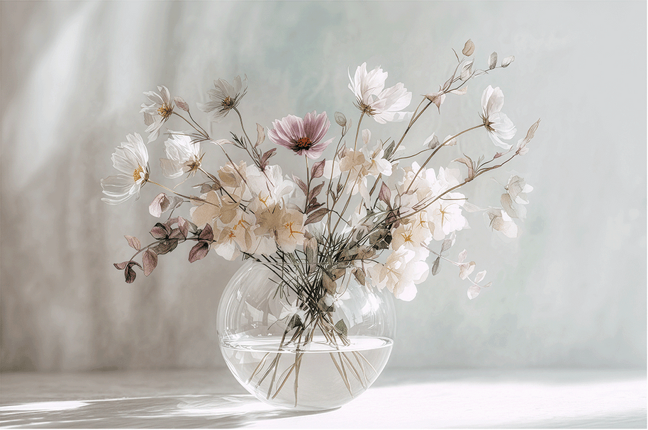 Blush tone floral wall art print with soft pink flowers and airy composition, modern feminine home decor