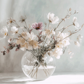 Blush tone floral wall art print with soft pink flowers and airy composition, modern feminine home decor