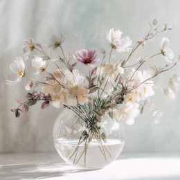 Blush tone floral wall art print with soft pink flowers and airy composition, modern feminine home decor