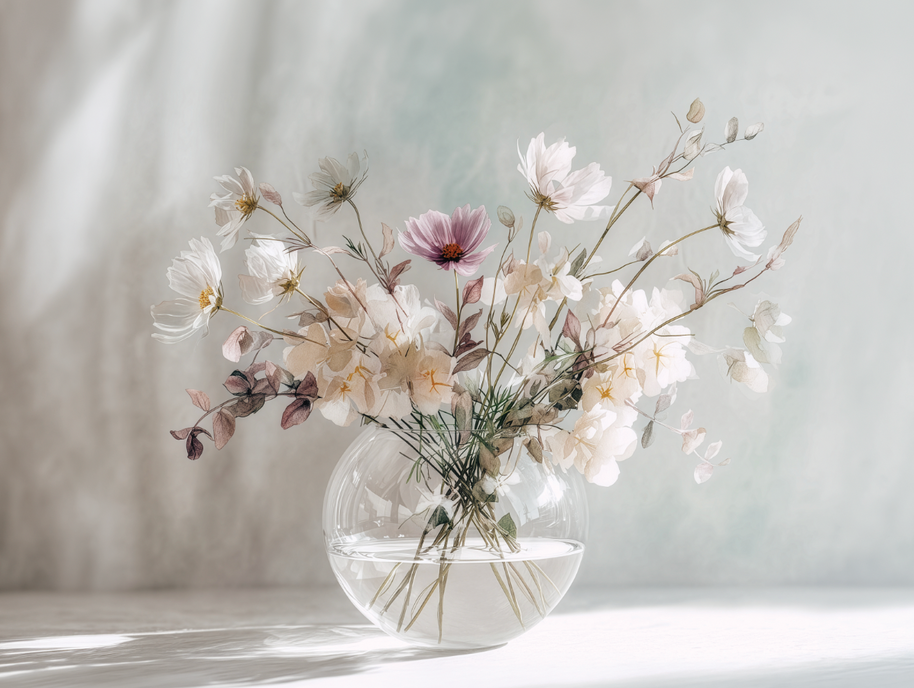 Blush tone floral wall art print with soft pink flowers and airy composition, modern feminine home decor