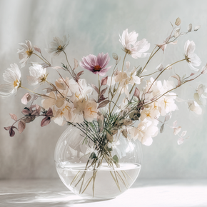 Blush tone floral wall art print with soft pink flowers and airy composition, modern feminine home decor