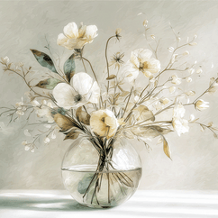 Soft floral wall art print with white blossoms in a glass vase, minimalist neutral decor for modern home