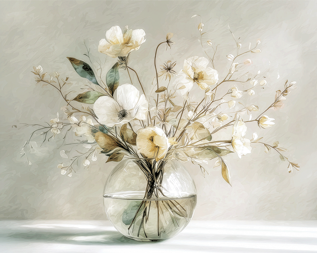 Soft floral wall art print with white blossoms in a glass vase, minimalist neutral decor for modern home
