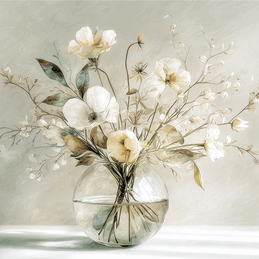 Soft floral wall art print with white blossoms in a glass vase, minimalist neutral decor for modern home