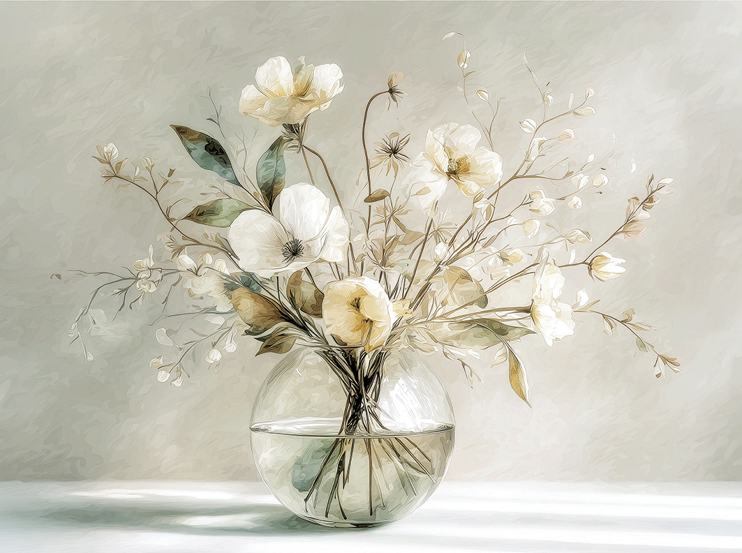 Soft floral wall art print with white blossoms in a glass vase, minimalist neutral decor for modern home