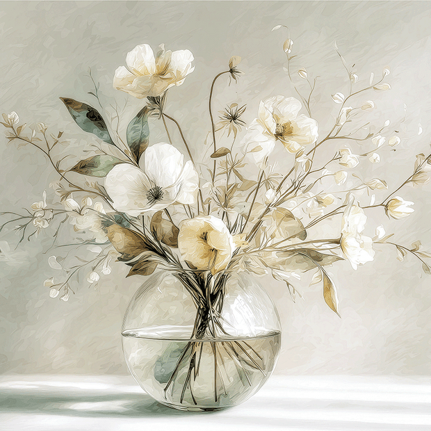 Soft floral wall art print with white blossoms in a glass vase, minimalist neutral decor for modern home