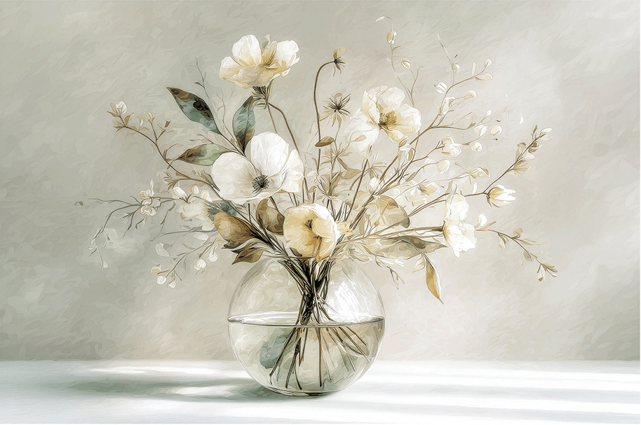 Floral wall art print with warm golden petals and soft neutral tones, elegant decor for modern home