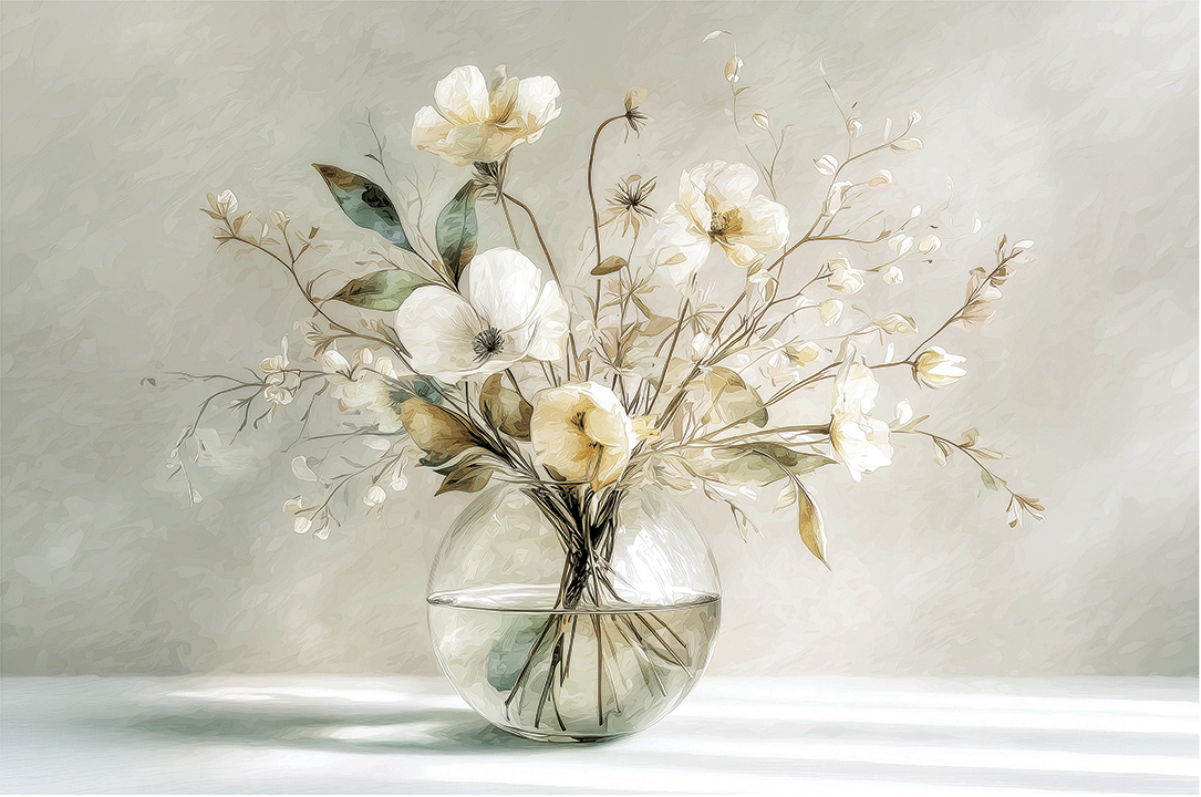 Floral wall art print with warm golden petals and soft neutral tones, elegant decor for modern home